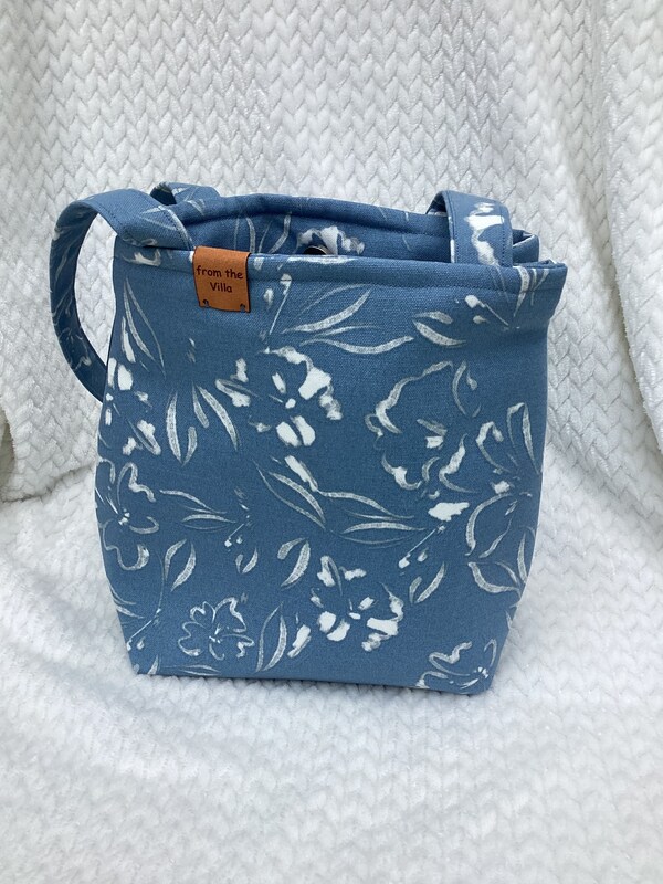 Blue Floral Handbag, Canvas Purse, Handmade with Care, Sturdy and Soft, 10 inches wide, 10 inches tall, 3.5 inches deep.